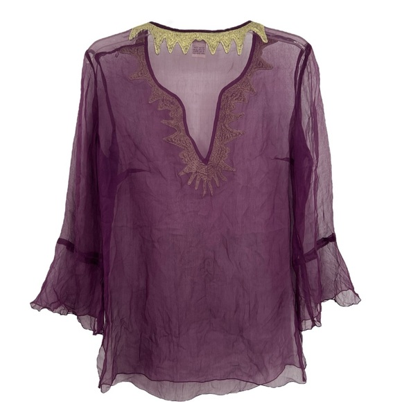 ZBD Design Embroidered silk witchy fairy grunge Sheer Purple Gold Blouse SZ M - Picture 3 of 8